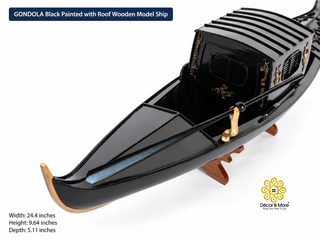 GONDOLA Wooden Model Ship 62cm - Black Painted Vintage Ship with Roof
