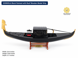GONDOLA Wooden Model Ship 62cm - Black Painted Vintage Ship with Roof