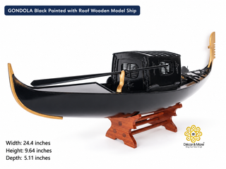 GONDOLA Wooden Model Ship 62cm - Black Painted Vintage Ship with Roof