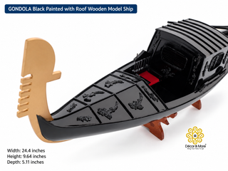 GONDOLA Wooden Model Ship 62cm - Black Painted Vintage Ship with Roof