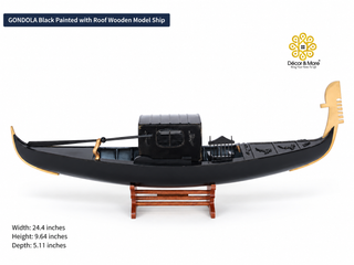 GONDOLA Wooden Model Ship 62cm - Black Painted Vintage Ship with Roof