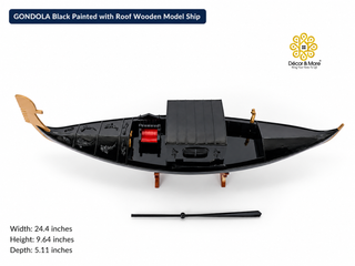 GONDOLA Wooden Model Ship 62cm - Black Painted Vintage Ship with Roof