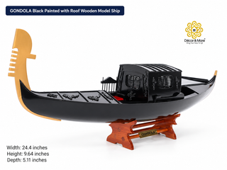 GONDOLA Wooden Model Ship 62cm - Black Painted Vintage Ship with Roof