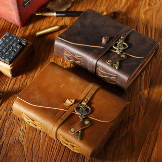 Vintage Handmade Leather Journal with Crown Key Charm - NO005