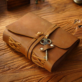 Vintage Handmade Leather Journal with Crown Key Charm - NO005