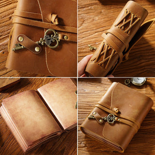 Vintage Handmade Leather Journal with Crown Key Charm - NO005