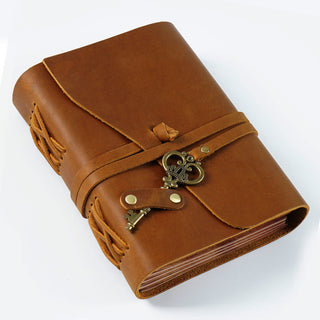 Vintage Handmade Leather Journal with Crown Key Charm - NO005