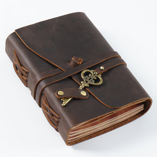 Vintage Handmade Leather Journal with Crown Key Charm - NO005