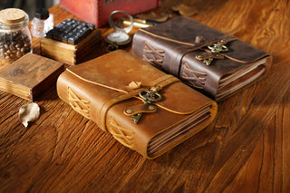 Vintage Handmade Leather Journal with Crown Key Charm - NO005