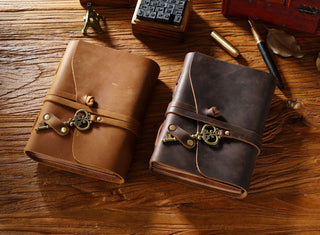 Vintage Handmade Leather Journal with Crown Key Charm - NO005