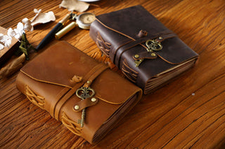 Vintage Handmade Leather Journal with Crown Key Charm - NO005