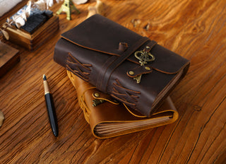 Vintage Handmade Leather Journal with Crown Key Charm - NO005