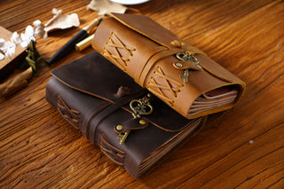Vintage Handmade Leather Journal with Crown Key Charm - NO005