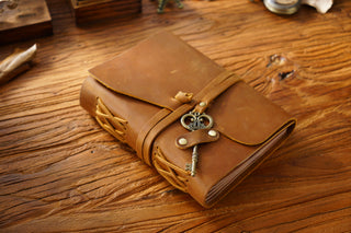 Vintage Handmade Leather Journal with Crown Key Charm - NO005