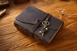 Vintage Handmade Leather Journal with Crown Key Charm - NO005