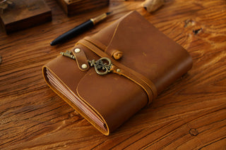 Vintage Handmade Leather Journal with Crown Key Charm - NO005