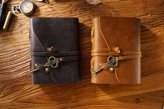 Vintage Handmade Leather Journal with Crown Key Charm - NO005