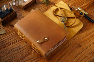 Vintage Handmade Leather Journal with Crown Key Charm - NO005