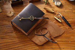 Vintage Handmade Leather Journal with Crown Key Charm - NO005