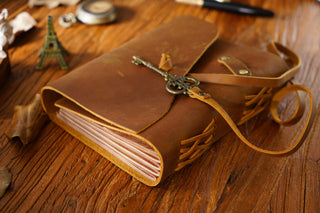 Vintage Handmade Leather Journal with Crown Key Charm - NO005