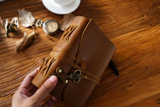 Vintage Handmade Leather Journal with Crown Key Charm - NO005