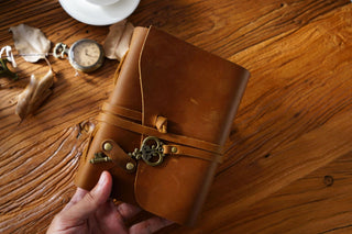 Vintage Handmade Leather Journal with Crown Key Charm - NO005