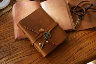 Vintage Handmade Leather Journal with Crown Key Charm - NO005