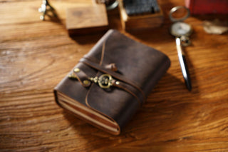 Vintage Handmade Leather Journal with Crown Key Charm - NO005