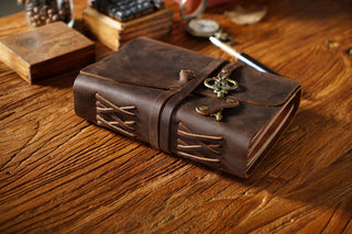 Vintage Handmade Leather Journal with Crown Key Charm - NO005