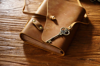 Vintage Handmade Leather Journal with Crown Key Charm - NO005