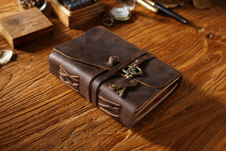 Vintage Handmade Leather Journal with Crown Key Charm - NO005